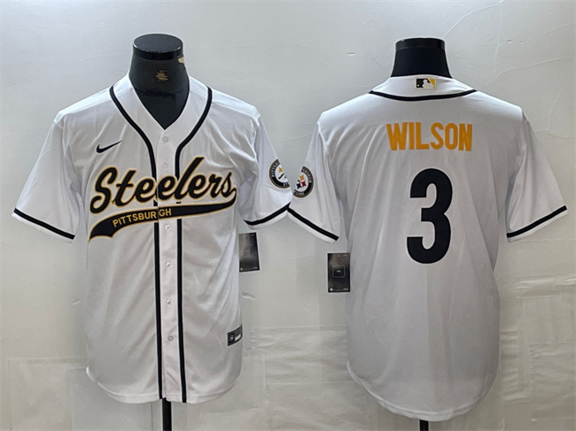 Men's Pittsburgh Steelers #3 Russell Wilson White With Patch Cool Base Stitched Baseball Jersey